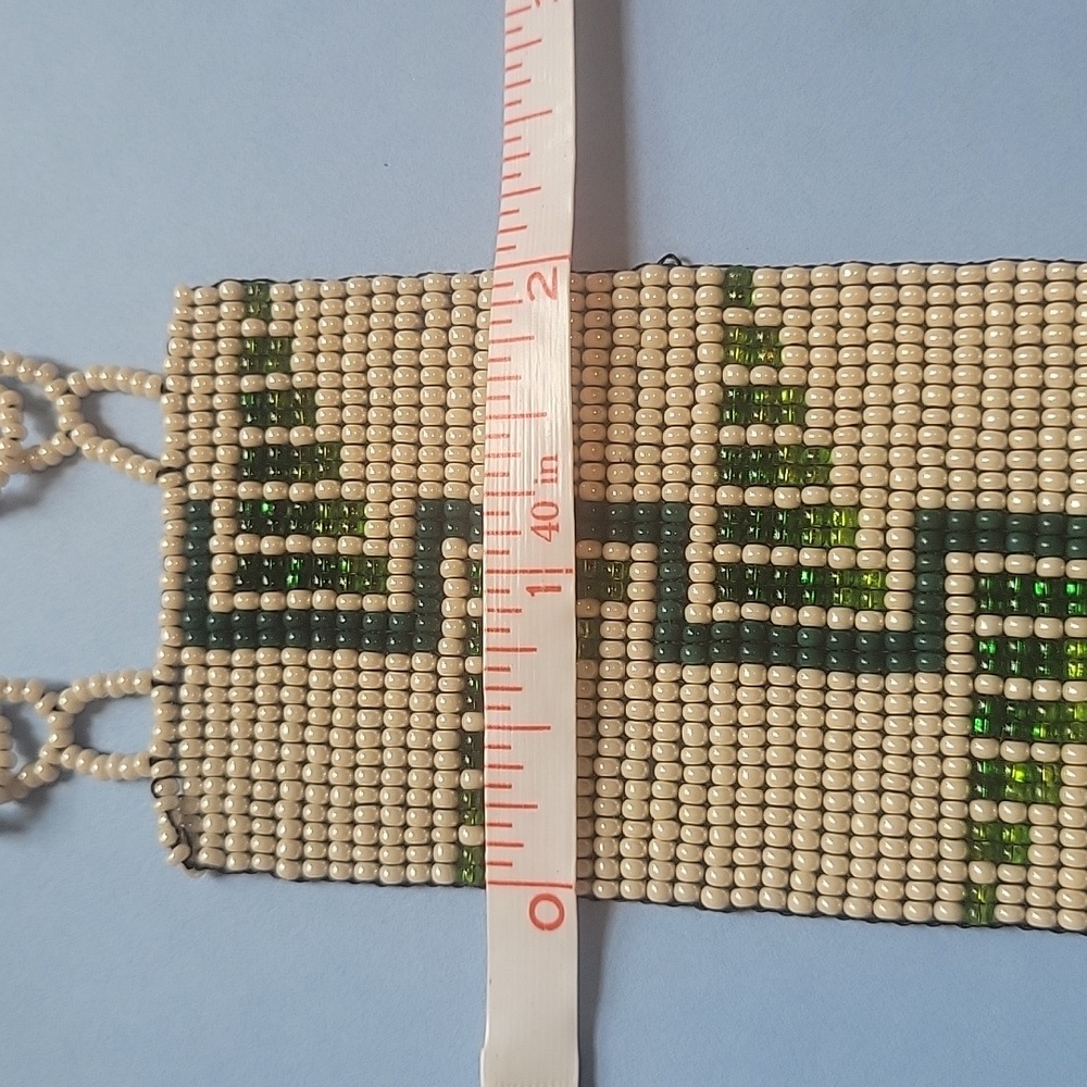 Seed Bead Cuff Bracelet with Cream, Green, Aqua Beads 6" x 2" - Picture 6 of 6